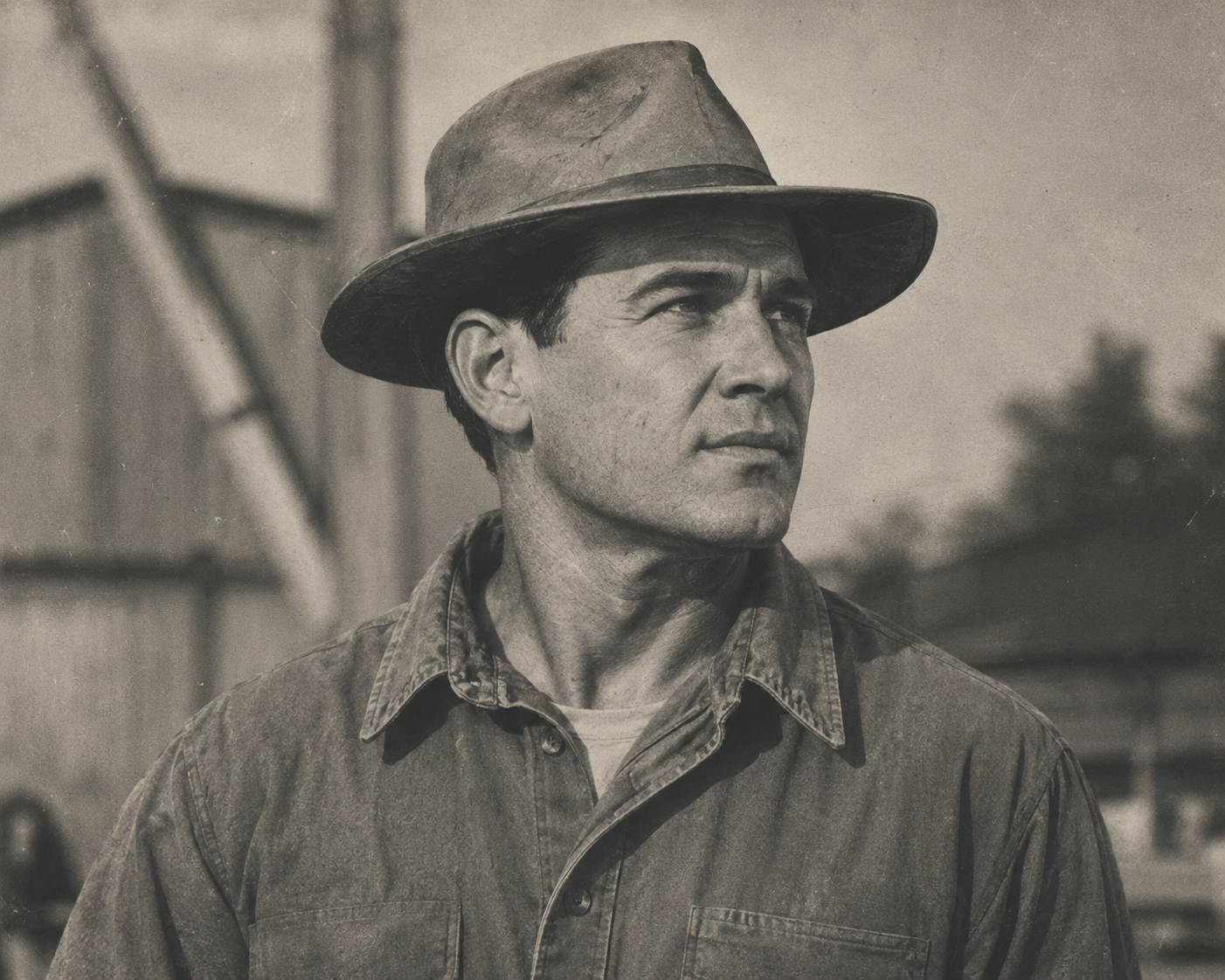 Amos, a South Mississippi tradesman, in a work shirt and brimmed hat.