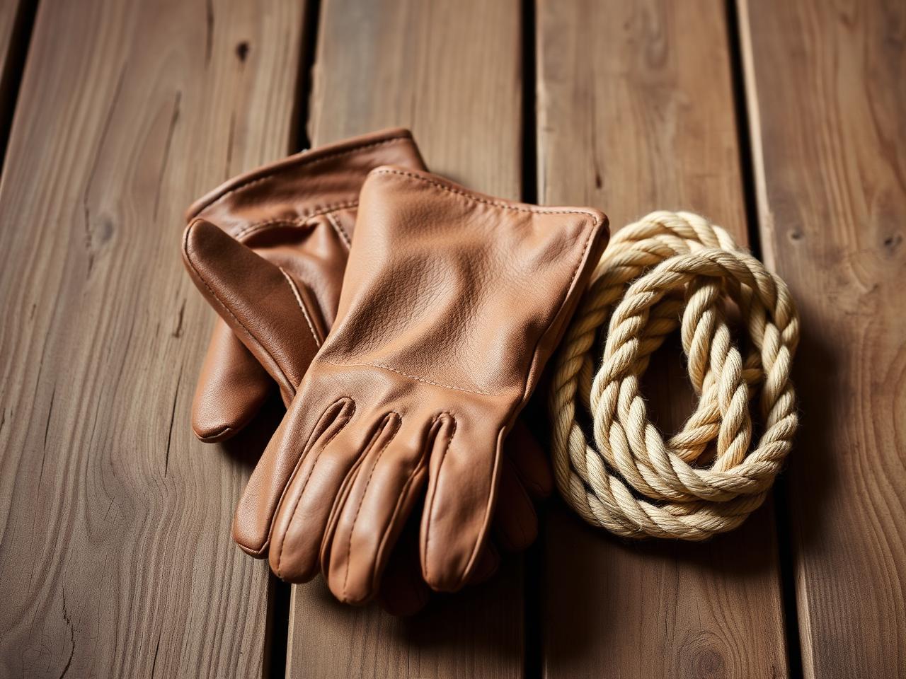 Leather work gloves and a coiled rope resting on wood.