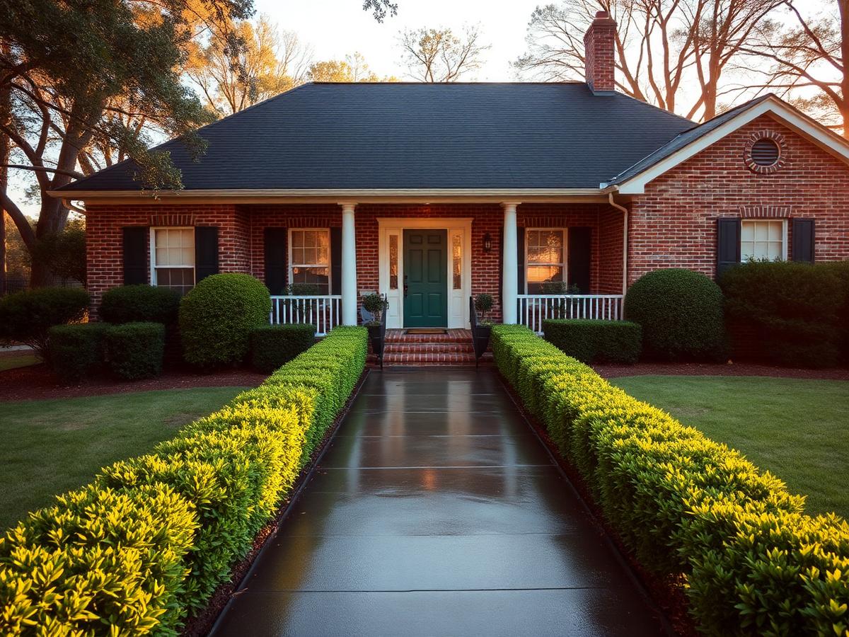 Freshly cleaned brick home with restored driveway.