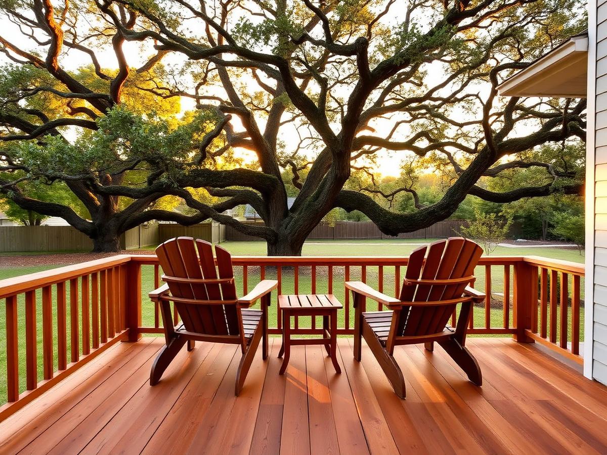 Stained cedar deck beneath a southern oak.